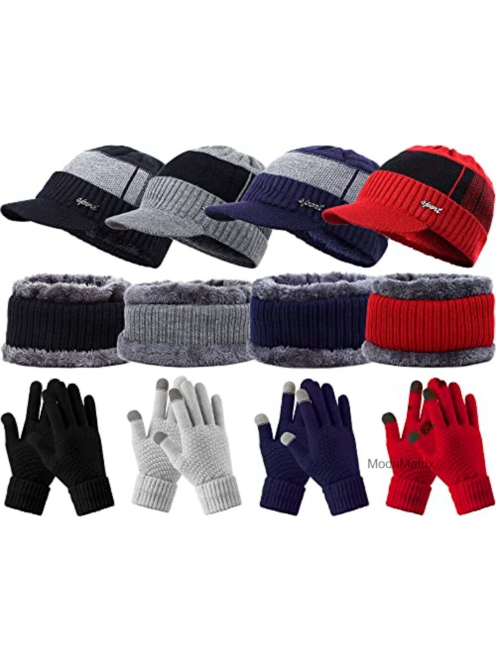 Winter Hat Scarf Gloves Set, 12 Pieces, Touch Screen Mittens, Acrylic Knit, Men